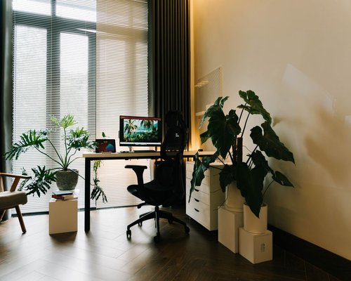 A modern shared workspace setup with natural filtered light coming from large windows