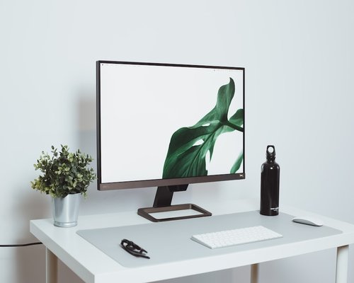 Minimalist desktop layout with a glass of water, a small plant, and a closed notebook representing a clean workspace